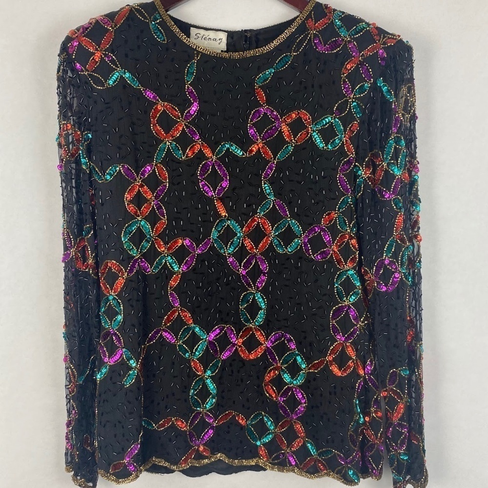 Stenay Vintage Beaded Sequin Silk Black Long Sleeve Formal Blouse Top Medium